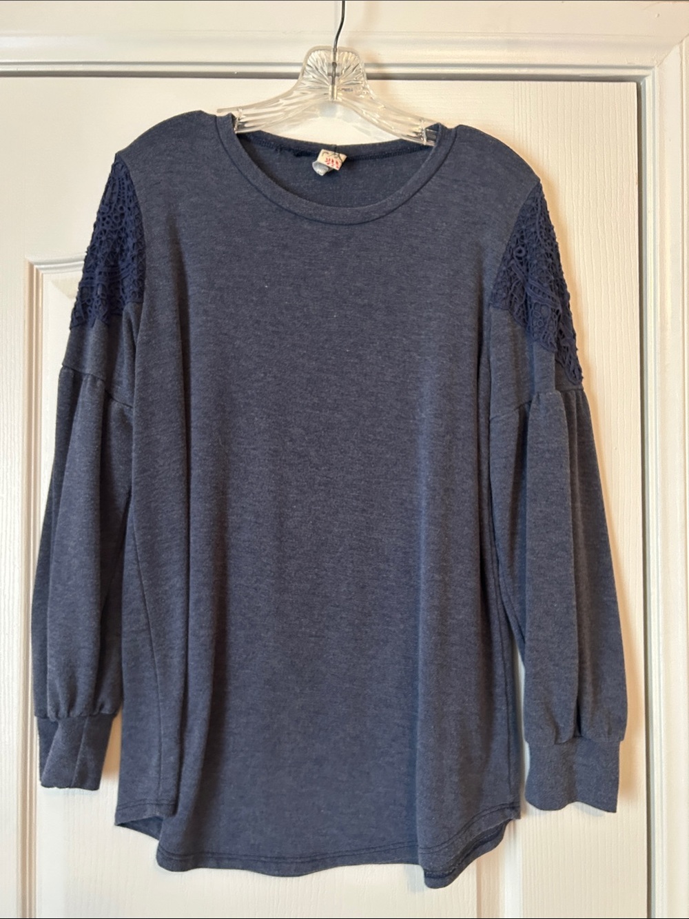 Classic Navy Crewneck Sweater with Lace Shoulder Detail